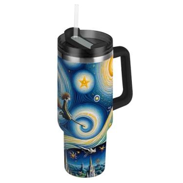Imagem de Joisal Copos de aço inoxidável com tampas e canudo Starry Night Castle Tumbler para copo quente e frio à prova de derramamento de 850 g com alça garrafa de água isolada