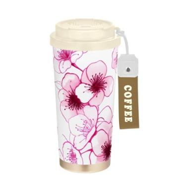 Imagem de TSENQUE Copo de café de viagem de 473 ml com revestimento cerâmico, copo de café de aço inoxidável com tampa e canudo, copo isolado a vácuo, flores rosa e branco
