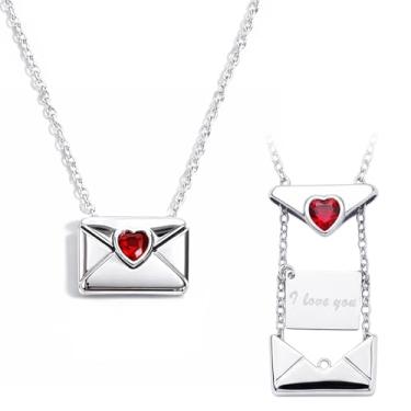 Imagem de RIICFDD Colares de casal combinando com envelope de dia dos namorados com design de coração vermelho prateado moderno pingente de corrente de zircônia delicada para melhores amigos, casais, presente