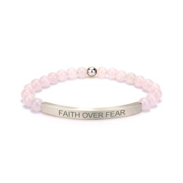Imagem de cusurlove Pulseira feminina inspiradora de quartzo rosa, banhado a ouro 18K, joia de fé, bíblia religiosa cristã, presente para encorajamento, amor e força, Medium, Cristal, Sem Pedra Preciosa