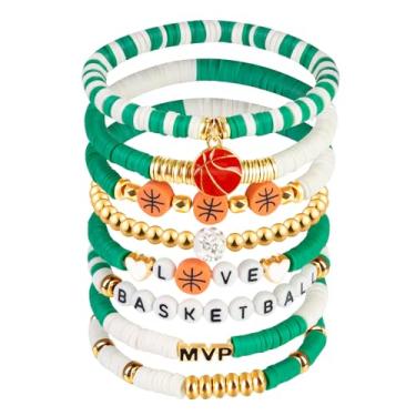 Imagem de AKAIXI Pulseiras elásticas para o dia do jogo de basquete, pulseira de contas de argila verde e branca, acessórios de joias esportivas empilháveis da amizade para amantes de basquete, jogadores