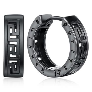 Imagem de Brincos Viking nórdicos para homens e mulheres 16 mm prata esterlina 925 aço inoxidável Huggie Rune brinco de argola celta joias viking presentes brincos de argola punk resistente prata preto, one