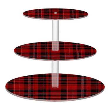 Imagem de Clássico Vermelho Preto Xadrez Texturas Tea Party Cupcake Stand 3 camadas redondo acrílico display copo torre bolo aniversário sobremesa suportes decorações de mesa para festa em camadas