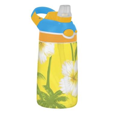 Imagem de Garrafa de água amarela de flores tropicais de hibisco infantil 473 ml garrafa de água de plástico à prova de vazamento com tampa de canudo 473 ml Tritan copo de viagem infantil portátil, reutilizável