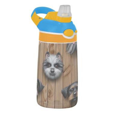 Imagem de Garrafa de água infantil Brown Cute Dog Faces 473 ml Tritan à prova de vazamento com tampa de canudo copo infantil reutilizável de 473 ml, portátil, alça de transporte