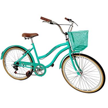 Imagem de Bicicleta feminina aro 26 retrô vintage 6v c/cestinha verde