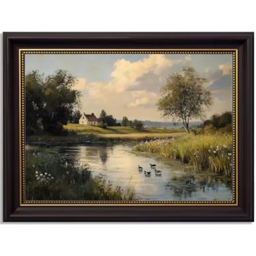 Imagem de Arte de parede em tela emoldurada em ouro preto vintage paisagem de rio pintura de pato imagem de decoração de parede de casa de campo de rio impressão de pôster para decoração de casa de fazenda
