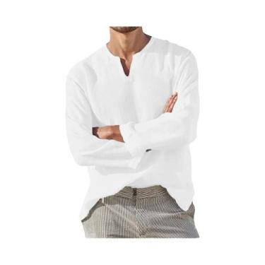 Imagem de Camisa Casual Masculina De Algodão E Linho Leve Com Decote Em V E Mang