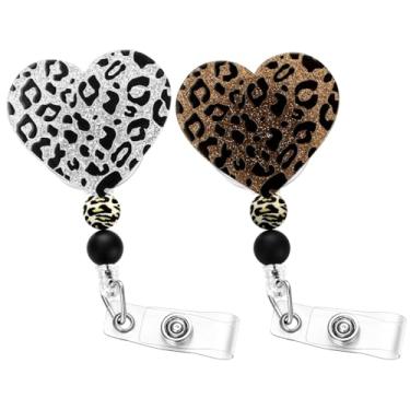 Imagem de Soleebee Pacote com 2 carretéis de crachá de enfermeira de leopardo, porta-crachá retrátil de trabalho com linda estampa de contas, clipe de crachá de identificação com clipe de jacaré giratório para