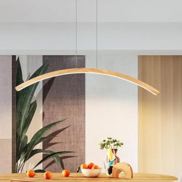 Imagem de Lustre de madeira com LED, luminária pendente para mesa de jantar, dimerizável, com controle remoto e altura ajustável. Ideal para sala de estar, quarto e sala de jantar. Luminária de madeir