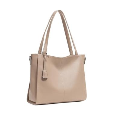 Imagem de Bolsa feminina de couro legítimo, bolsa de trabalho grande com compartimentos com zíper, bolsa de ombro clássica para viagens, Off-white, Large