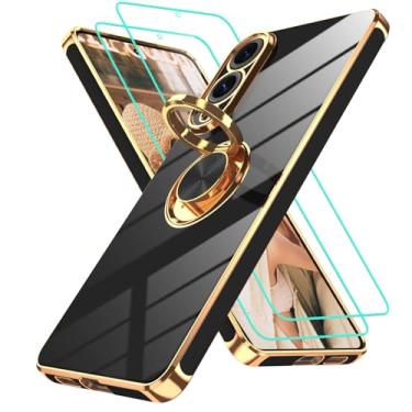 Imagem de Gritup Capa para Samsung Galaxy S25 Edge | 2 peças protetoras de tela | Suporte magnético de rotação de 360°, suporte magnético com borda dourada banhada a ouro, capa protetora à prova de choque de