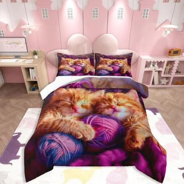 Imagem de jejeloiu Conjunto de edredom com estampa de gatos, tamanho solteiro, roxo, para crianças, meninos, meninas, edredom fofo, decoração de quarto de animal, microfibra, 2 peças com 1 fronha