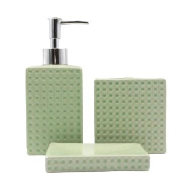 Imagem de Kit de Banheiro Cerâmica 3 Peças Porta Sabonete Líquido/Saboneteira/Porta Escova, Ideal for Home & Small Living Spaces(395-VERDE)