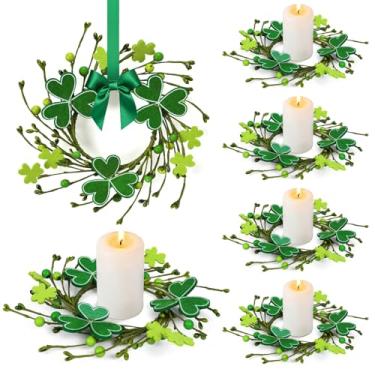 Imagem de 6 peças de anel de vela do dia de São Patrício, grinaldas, feltro artificial, trevo da sorte, suporte de vela verde irlandês, trevo de baga, guirlanda para mesa de centro de mesa, decoração de parede