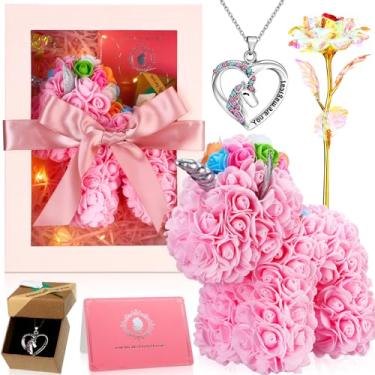 Imagem de Menkxi Unicórnio rosa de 25,4 cm, flor artificial, rosa, unicórnio, inclui caixa de presente, cartão de felicitações, colar, luz, romântico, musgo, unicórnio, aniversário, dia dos namorados, presente