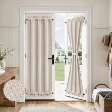 Imagem de HOMEIDEAS Cortina de porta francesa 100% blackout de linho, decoração moderna de cortinas de janela de porta de fazenda, persianas isoladas de privacidade com amarração para frente, janela de vidro