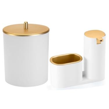 Imagem de Kit Dispenser Detergente e Bucha + Lixeira 5 Litros Cozinha Pia (KIT BRANCO/DOURADO)