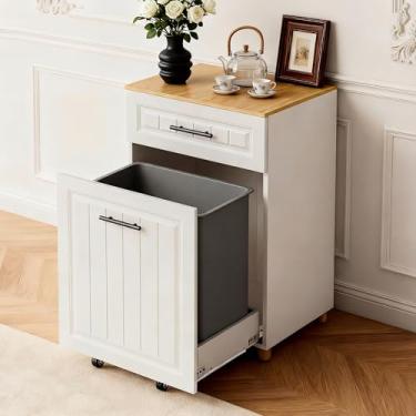 Imagem de ZIFTY Armário de lixeira removível para caixotes de 13 galões ou duplos de 7 galões, armário de lixo de cozinha de madeira independente com gaveta