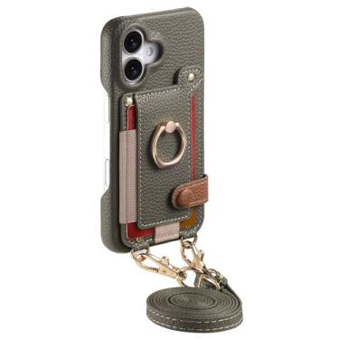 Imagem de FWYANZH Capa de couro para iPhone 16E, capa carteira com compartimento para cartão, suporte de anel com cordão transversal, capa de proteção antiqueda, cinza, 16E