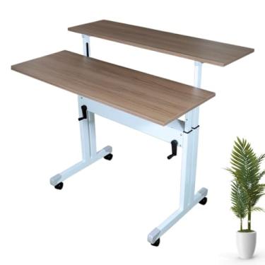 Imagem de Mesa Dupla Com Regulagem De Altura Tampos Amadeirado 70cm À 107cm Para Trabalho Escritório PC Gamer Escrivaninha Home Office - Wp Connect (Branco)