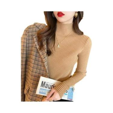 Imagem de Suéter Feminino De Tricô Gola Alta Manga Longa Slim Fit Pulôver De Inv