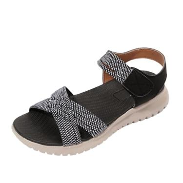 Imagem de Sandálias femininas plataforma peep toe sola grossa casual para verão praia caminhada PU superior, Preto, 39