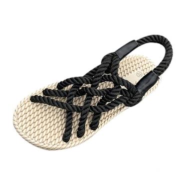 Imagem de Sandália feminina fashion casual primavera verão cor sólida corda confortável respirável bico redondo bico aberto sandálias planas, Preto, 38