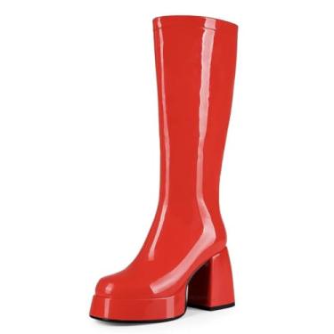 Imagem de OAOKUSI Botas femininas Gogo plataforma até o joelho, salto grosso, bico quadrado, couro envernizado, discoteca, fantasia de discoteca dos anos 70, para festa de Halloween, cosplay, Vermelho, 35