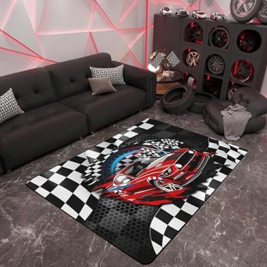 Imagem de Tapete de área com tema de carro de corrida 150 cm x 200 cm x 1 cm, tapete antiderrapante para adolescentes adultos, esportes radicais tapete interno para cadeiras sofá quarto