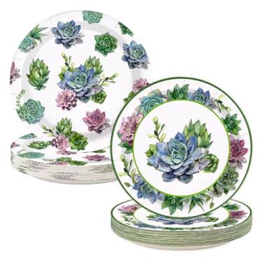 Imagem de 50 peças, pratos de papel para plantas suculentas, 23 cm, aquarela, verde, suculentas, descartáveis, resistentes, pratos de sobremesa, para crianças, homens, mulheres, aniversário, bebê e chá de
