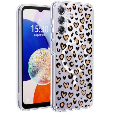 Imagem de Jkvare Capa para Samsung Galaxy A14 compatível com MagSafe, capa protetora magnética sem fio com padrão estético cristalino para mulheres e meninas - corações de leopardo
