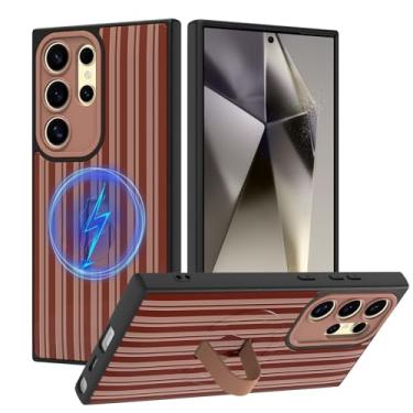 Imagem de tharlet Capa compatível com Samsung Galaxy S24 Ultra com alça de dedo, compatível com MagSafe, estampa listrada fofa para mulheres e meninas, capa protetora antiarranhões para Galaxy S24 Ultra, marrom