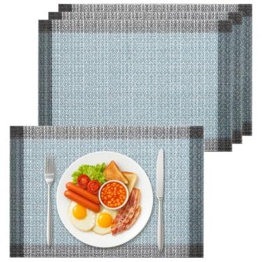 Imagem de Bloss Jogo americano étnico boêmio azul cinza conjunto de tapetes de mesa de 10 a 30 x 45 cm laváveis resistentes ao calor para mesa de jantar, jogo americano boho de fazenda, fácil de limpar, para