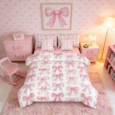 Imagem de Erosebridal Conjunto de edredom kawaii com laço de fita para meninas, tamanho casal, 7 peças de gravata borboleta rosa, decoração de quarto, roupa de cama princesa com lençol