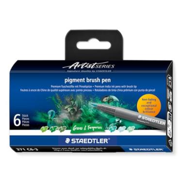 Imagem de STAEDTLER Caneta Pincel Pigment Arts Pen 6 Cores Sortidas Verdes e Turquesas - 371 C6-3 - Tinta Pigmentada Permanente, À Prova d’Água com Alta Fidelidade de Cor