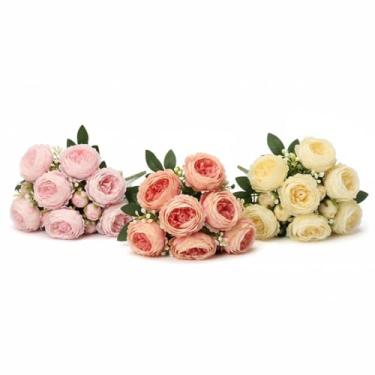 Imagem de Buquê de seda rosa de 30 cm, flor artificial de peônia, 5 cabeças grandes, 4 botões pequenos, noiva, casamento, decoração de casa, flor artificial (rosa)