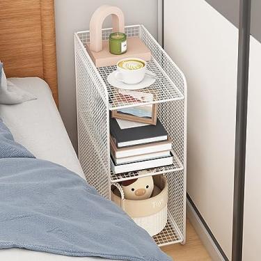 Imagem de Mesa de cabeceira de ferro forjado, pequena prateleira de armazenamento ultra fenda, rack de armazenamento de armário de cabeceira e quarto, preto/branco/dourado (cor: preto, pequeno) (branco grande)