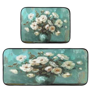 Imagem de xigua Conjunto de 2 peças de tapetes e tapetes de cozinha de rosas brancas absorventes macios para o chão, tapete de cozinha, antiderrapante, conjunto de capachos, 50 x 120 cm + 50 x 70 cm