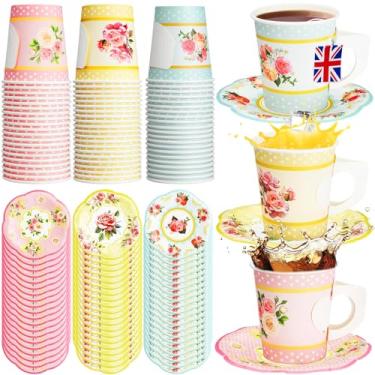Imagem de SiliFine 60 conjuntos de copos e pires de papel florais, copos de chá descartáveis de 200 ml com alça e pratos, decoração de festa de chá para aniversário, casamento, chá de panela, dia das mães