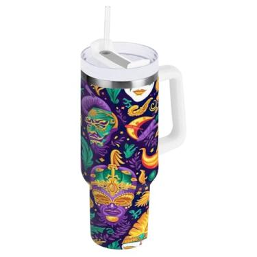 Imagem de Blueangle Copo isolado com padrão de máscaras de carnaval de 1,134 g com alça e tampa de palha, caneca de viagem reutilizável de aço inoxidável (32)