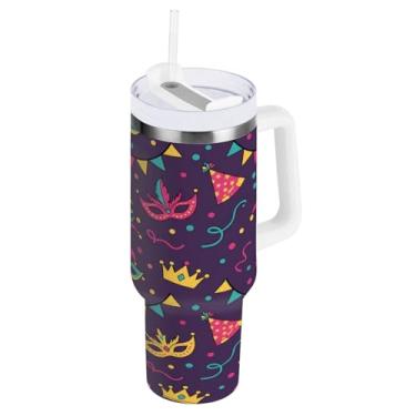 Imagem de Blueangle Copo isolado padrão Mardi Gras de 1,134 g com alça e tampa de palha, caneca de viagem reutilizável de aço inoxidável (779)