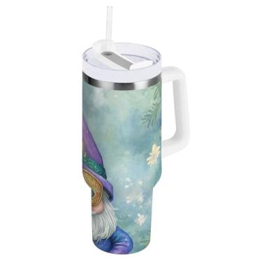 Imagem de Blueangle Copo isolado de gnomo Mardi Gras de 1,134 g com alça e tampa de palha, caneca de viagem reutilizável de aço inoxidável (362)