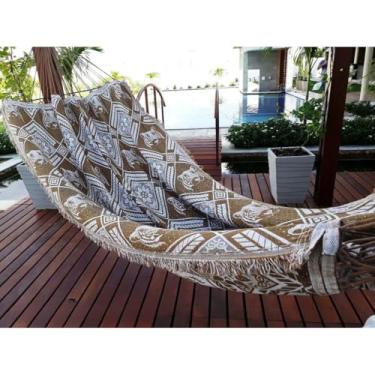 Imagem de Rede de Descanso Casal Reforçada 200kg – Tecido Macio em Algodão e Nylon para Varanda, Quintal e Área Externa (Caramelo com Branco Tigre)