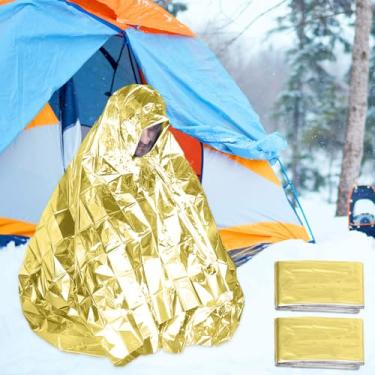 Imagem de 2 peças, cobertor de emergência, película de alumínio refletivo, térmico de sobrevivência, cobertor para acampamento, caminhadas, ao ar livre, capa térmica à prova d'água, dourado