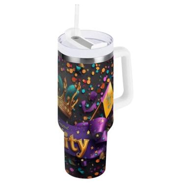 Imagem de Blueangle Copo isolado com coroa de carnaval de 1,134 g com alça e tampa de palha, caneca de viagem reutilizável de aço inoxidável (245)