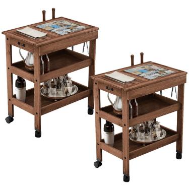 Imagem de Kit 02 Carrinhos de Churrasco Mesa Gourmet Cerâmica Churrasqueira W02 Madeira Maciça Imbuia - Lyam Decor