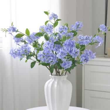 Imagem de Flores artificiais de hortênsia de toque real de 88 cm, 3 peças de flores azuis de simulação de floco de neve para decoração de casa, buquês de festa, centro de mesa, decoração ao ar livre