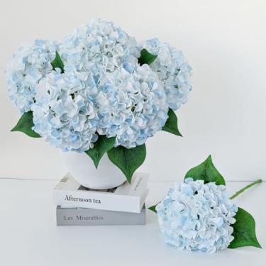 Imagem de ZYTUYO 5 peças de hortênsias de seda branca e azul claro, flores artificiais, boho toque seco, 50 cm, hortênsias artificiais para decoração de casa, cozinha, sala de estar, varanda externa, casamento