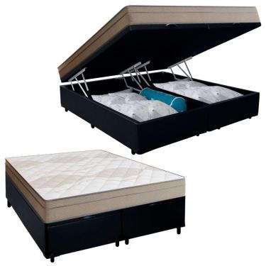 Imagem de Cama Box Baú Casal Bipartido Sintético + Colchão De Molas Ensacadas Portobel Ipanema 138x188x66cm Preto
